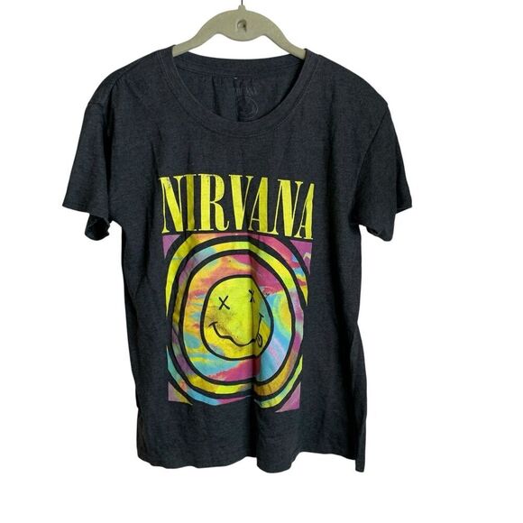 Nirvana Nevermind T-Shirt Smiley Logo Womens Short Sleeve 90s Band Music Gray XS - Picture 6 of 11